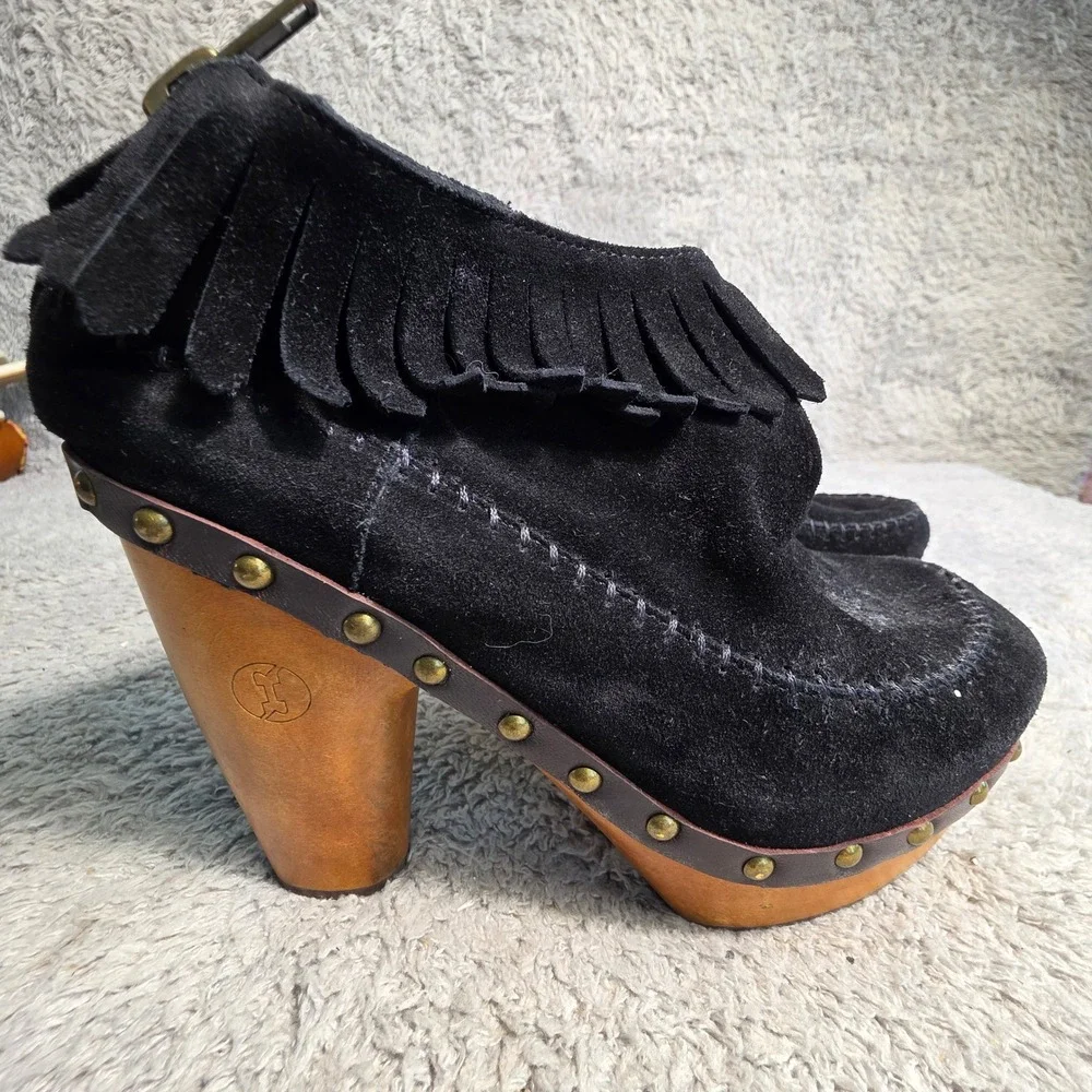 Flogg Moccasin Clog Booties Black Suede Fringe Studded Wood Heel Womens 7.5‎
